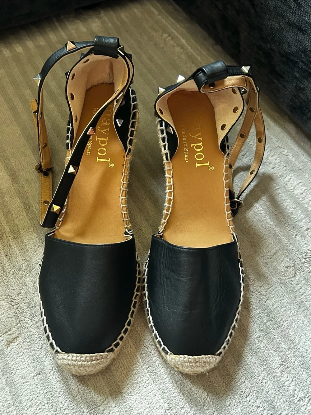 Black Studded Ankle-Tie Espadrille Wedge